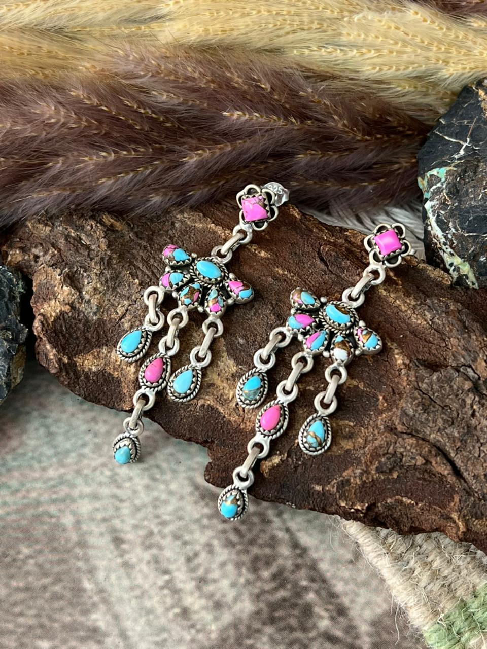 Handmade Sterling Silver Cotton Candy Post Dangle Earrings "Signed Nizhoni"