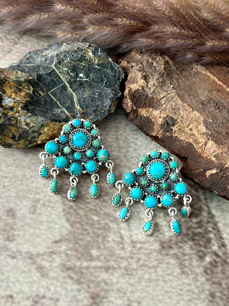 Handmade Sterling Silver Kingman Turquoise Post Dangle Earrings "Signed Nizhoni"