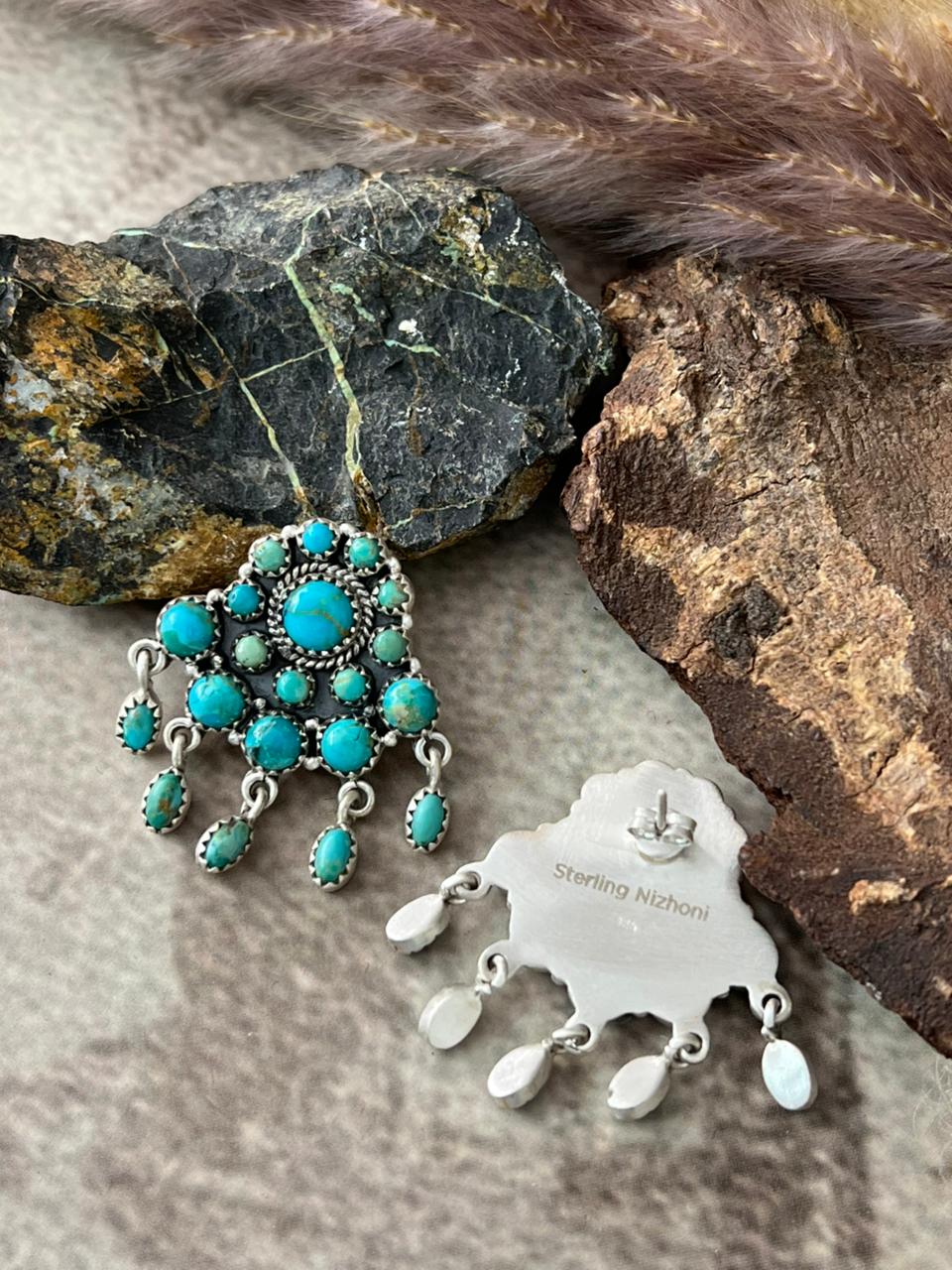 Handmade Sterling Silver Kingman Turquoise Post Dangle Earrings "Signed Nizhoni"