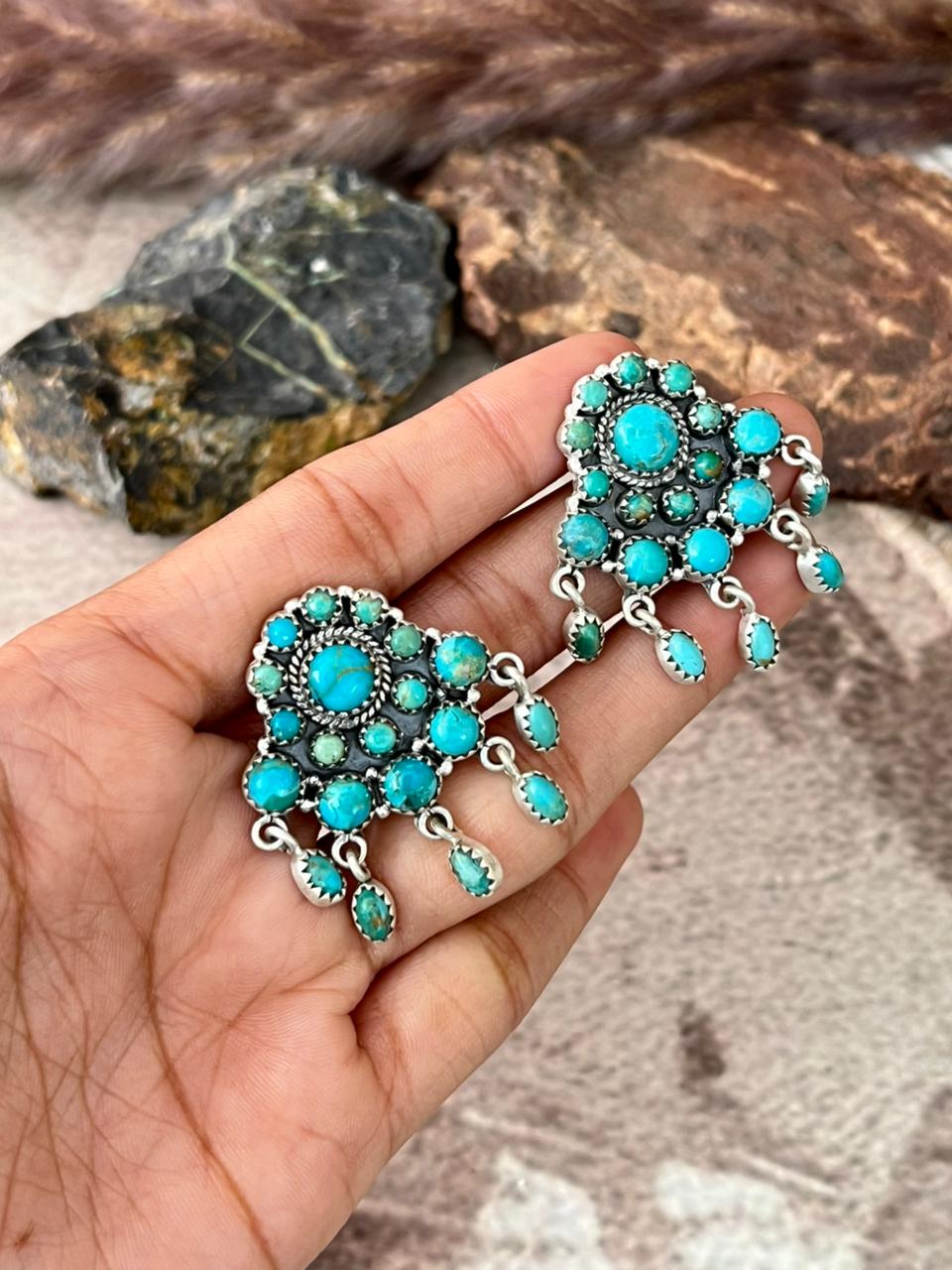 Handmade Sterling Silver Kingman Turquoise Post Dangle Earrings "Signed Nizhoni"