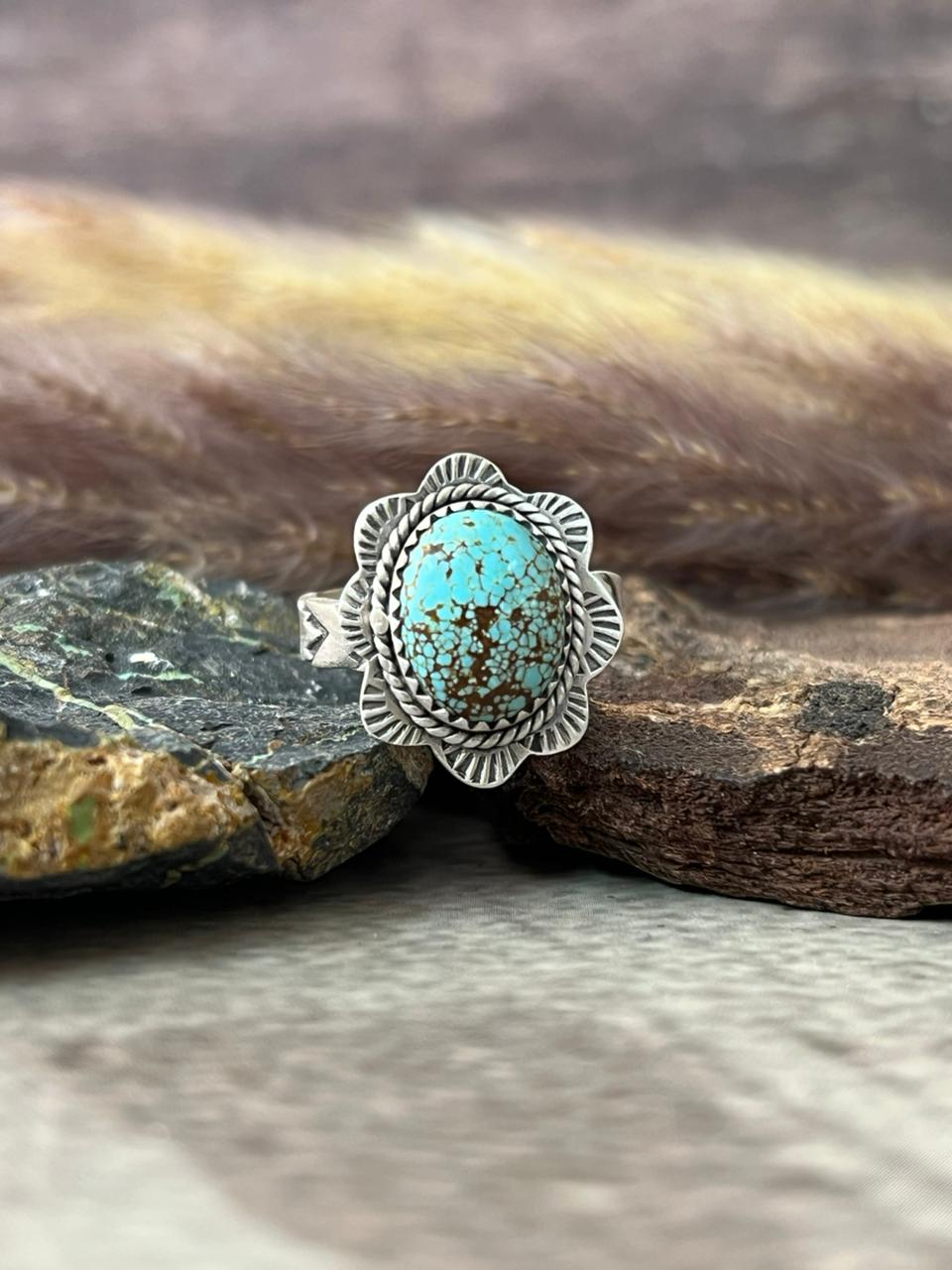 Handmade Sterling Silver Number 8 Turquoise Adjustable Ring "Signed Nizhoni"
