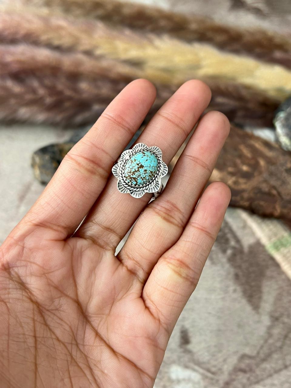 Handmade Sterling Silver Number 8 Turquoise Adjustable Ring "Signed Nizhoni"