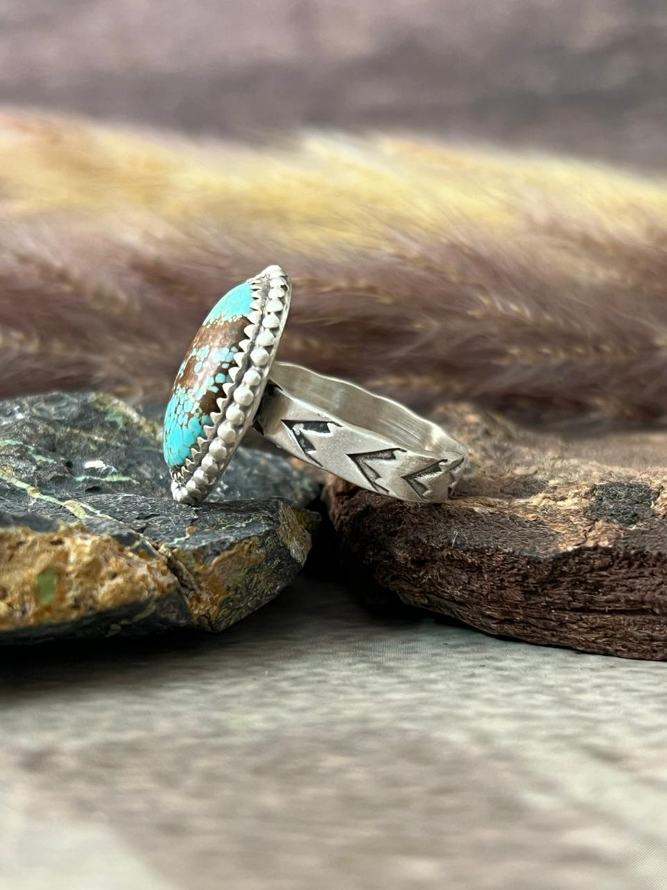 Handmade Sterling Silver Number 8 Turquoise Adjustable Ring "Signed Nizhoni"