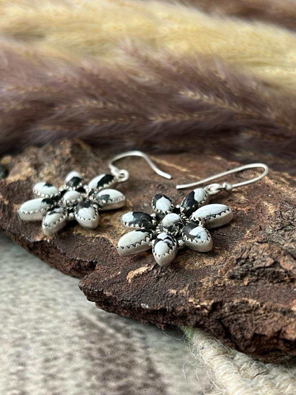 Handmade Sterling Silver White Buffalo Hook Dangle Earrings "Signed Nizhoni"