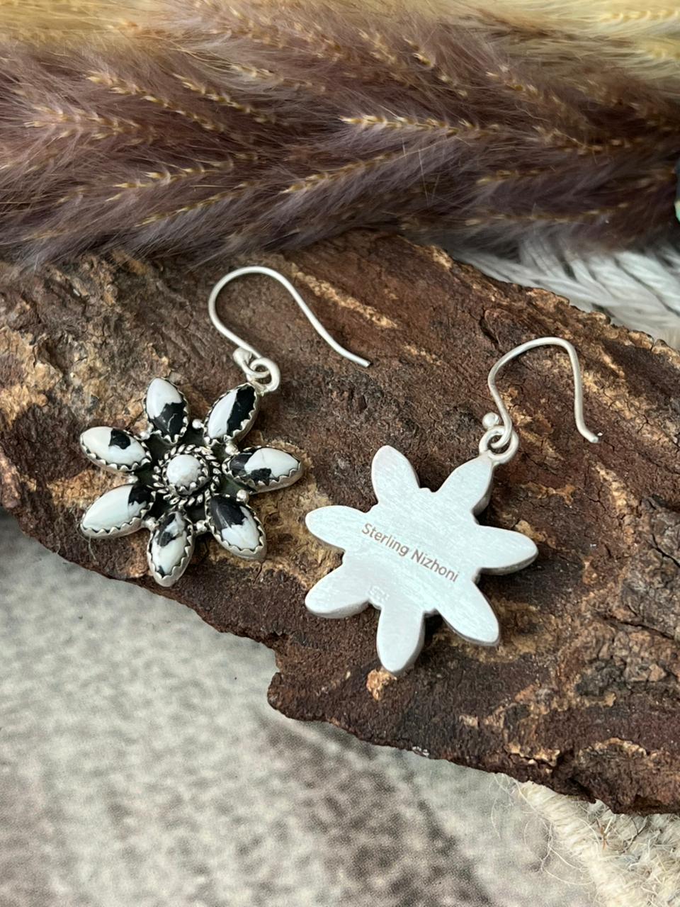 Handmade Sterling Silver White Buffalo Hook Dangle Earrings "Signed Nizhoni"
