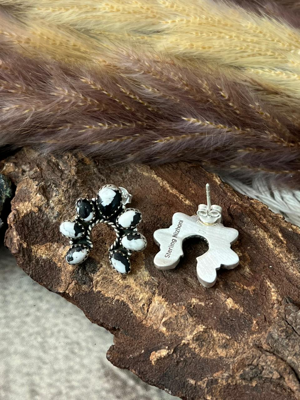 Handmade Sterling Silver White Buffalo Post Studs Earrings "Signed Nizhoni"