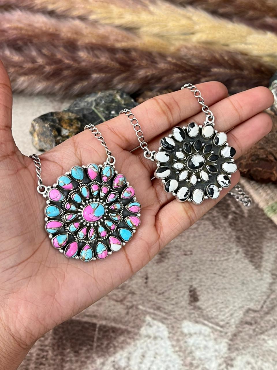 Handmade Sterling Silver Cotton Candy and White Buffalo Necklace "Signed Nizhoni"
