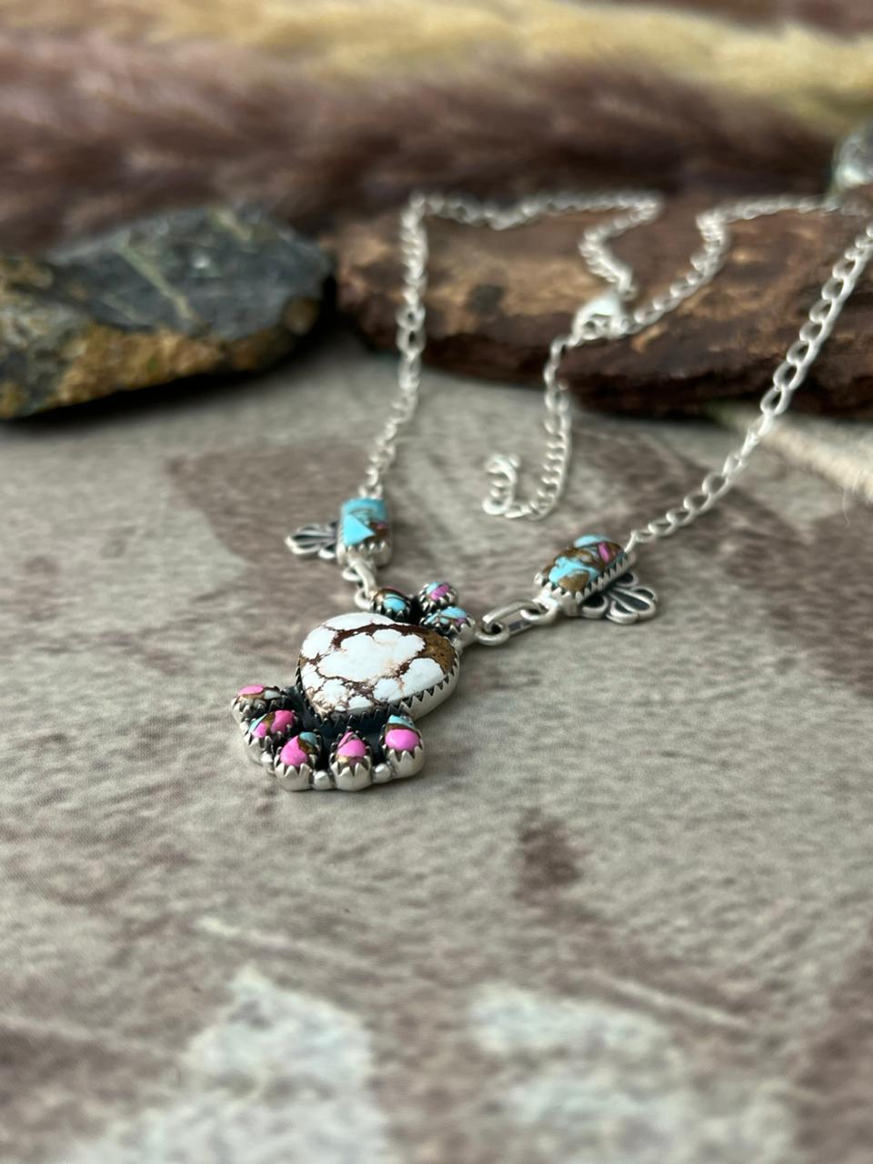 Handmade Sterling Silver Cotton Candy with Wildhorse Magnesite Necklace "Signed Nizhoni"