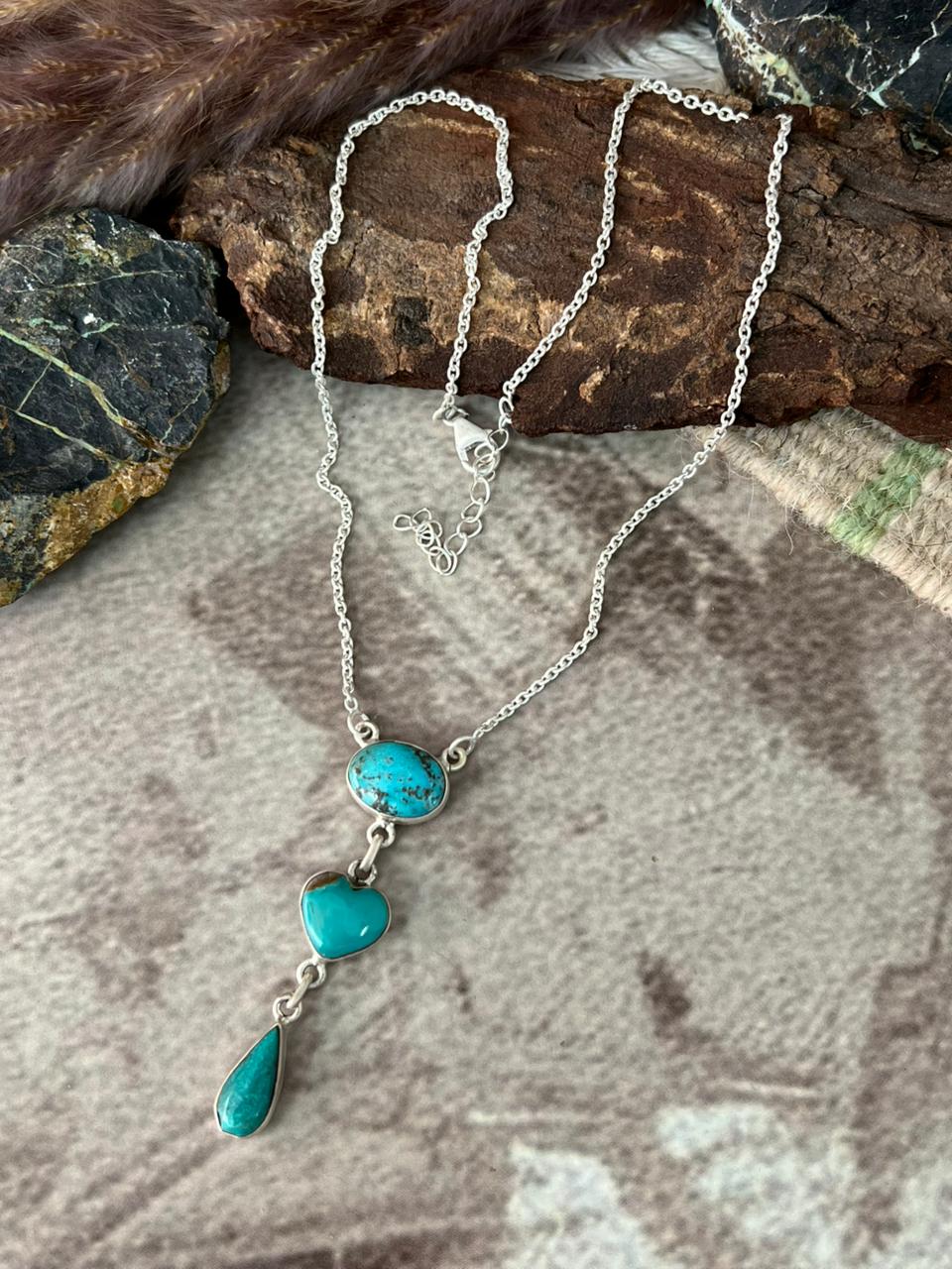 Handmade Sterling Silver Manassa Turquoise Collection: Drop Heart Necklace "Signed Nizhoni"