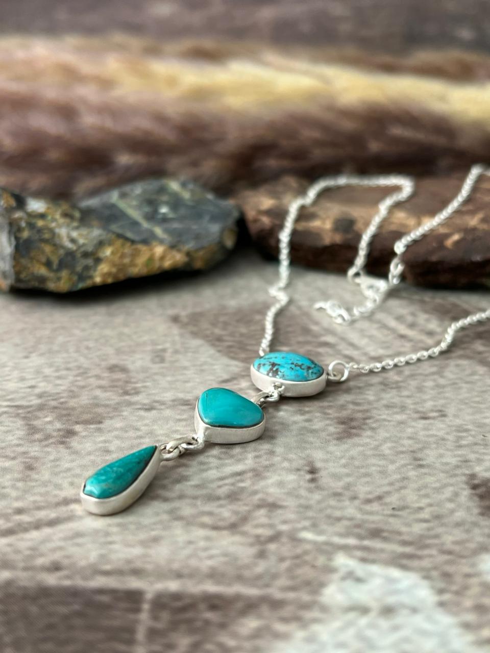 Handmade Sterling Silver Manassa Turquoise Collection: Drop Heart Necklace "Signed Nizhoni"