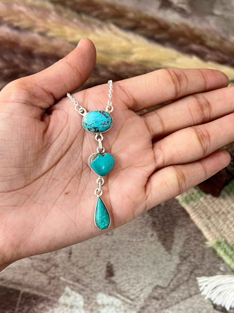 Handmade Sterling Silver Manassa Turquoise Collection: Drop Heart Necklace "Signed Nizhoni"