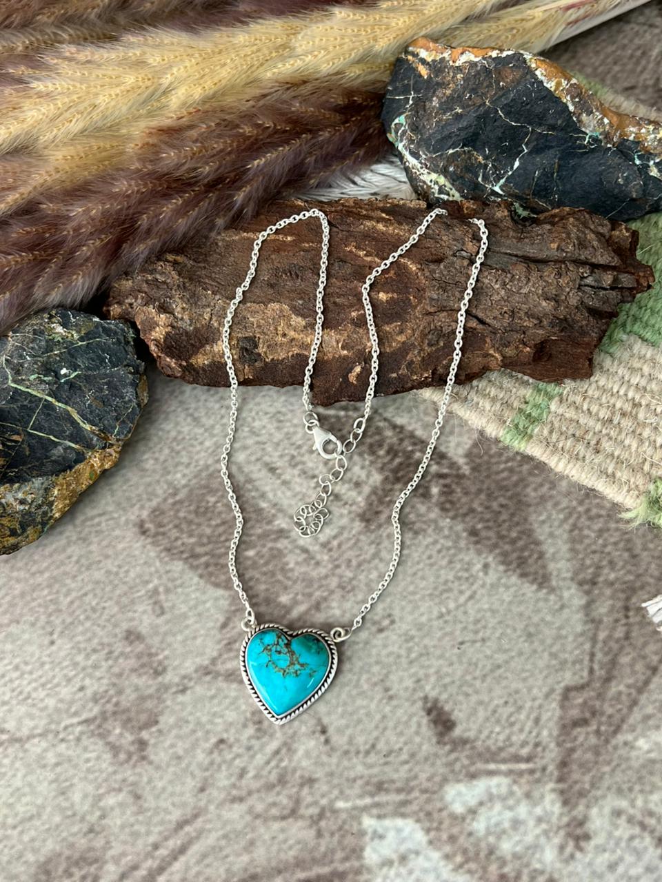 Handmade Sterling Silver Manassa Turquoise Collection: Heart Necklace "Signed Nizhoni"