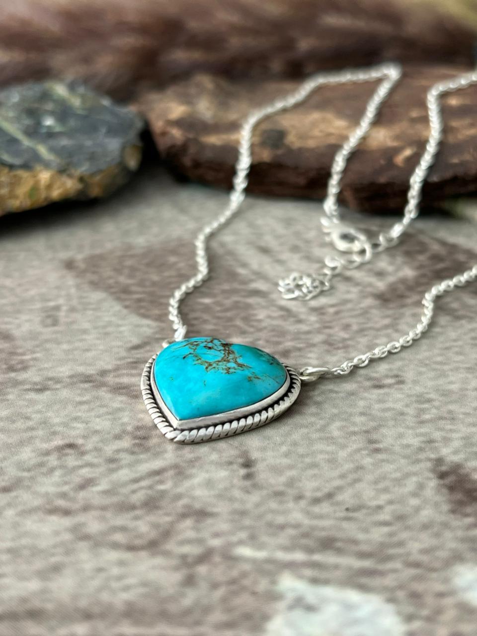 Handmade Sterling Silver Manassa Turquoise Collection: Heart Necklace "Signed Nizhoni"