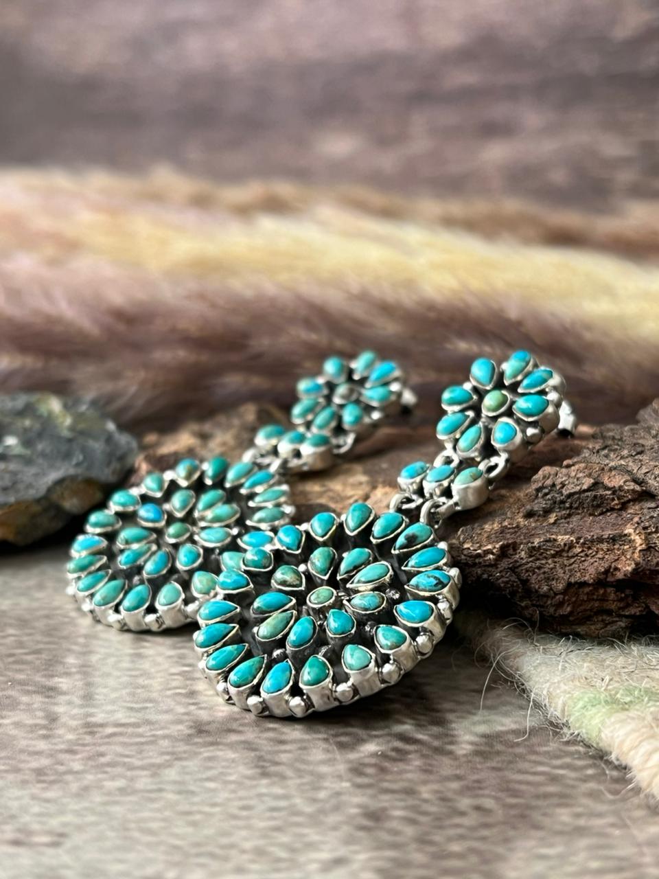 Handmade Sterling Silver Kingman Turquoise Post Dangle Earrings "Signed Nizhoni"