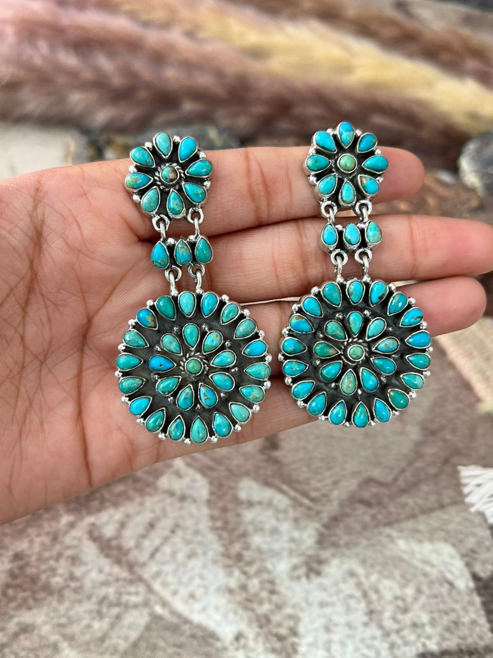 Handmade Sterling Silver Kingman Turquoise Post Dangle Earrings "Signed Nizhoni"