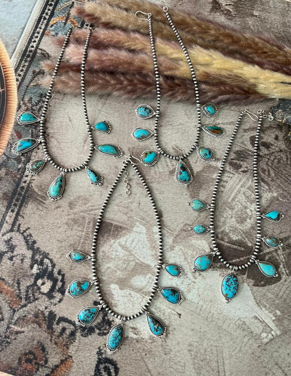 Handmade Sterling Silver Manassa Turquoise Collection: Beaded Necklace "Signed Nizhoni"