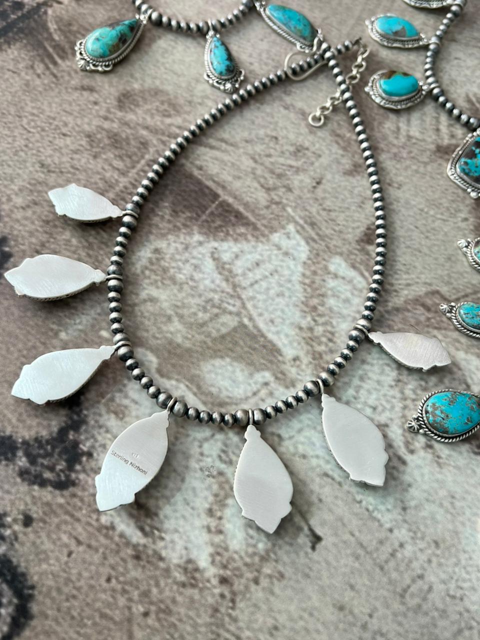 Handmade Sterling Silver Manassa Turquoise Collection: Beaded Necklace "Signed Nizhoni"