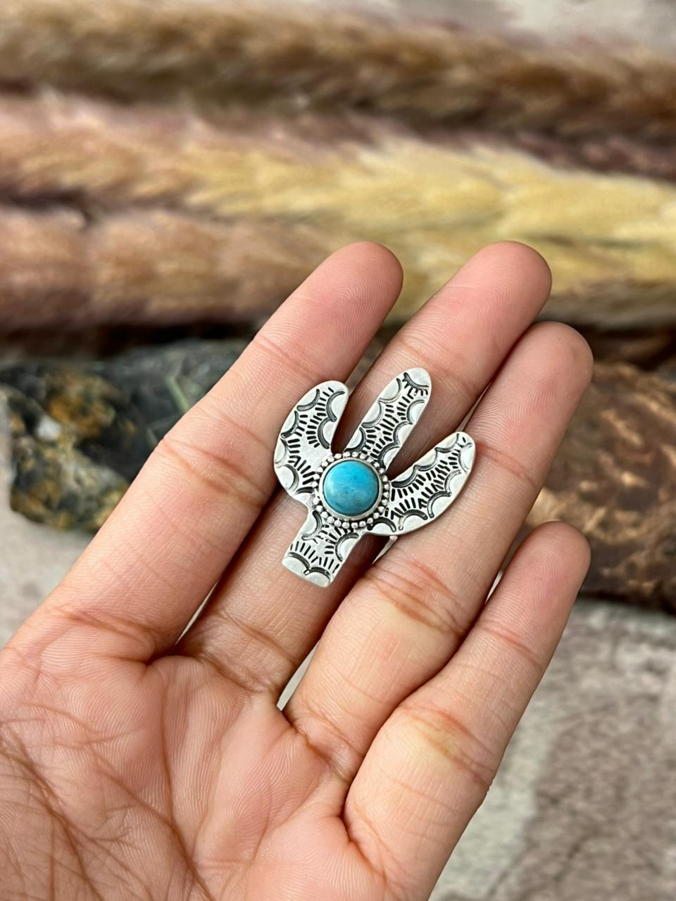 Handmade Sterling Silver Kingman Turquoise Adjustable Cactus Ring "Signed Nizhoni"
