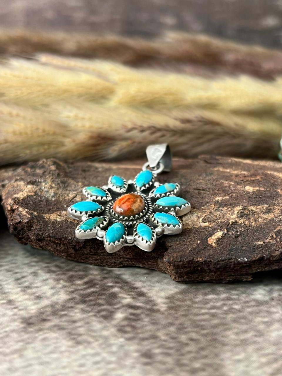 Handmade Sterling Silver Kingman with Orange Mojave Pendant "Signed Nizhoni"