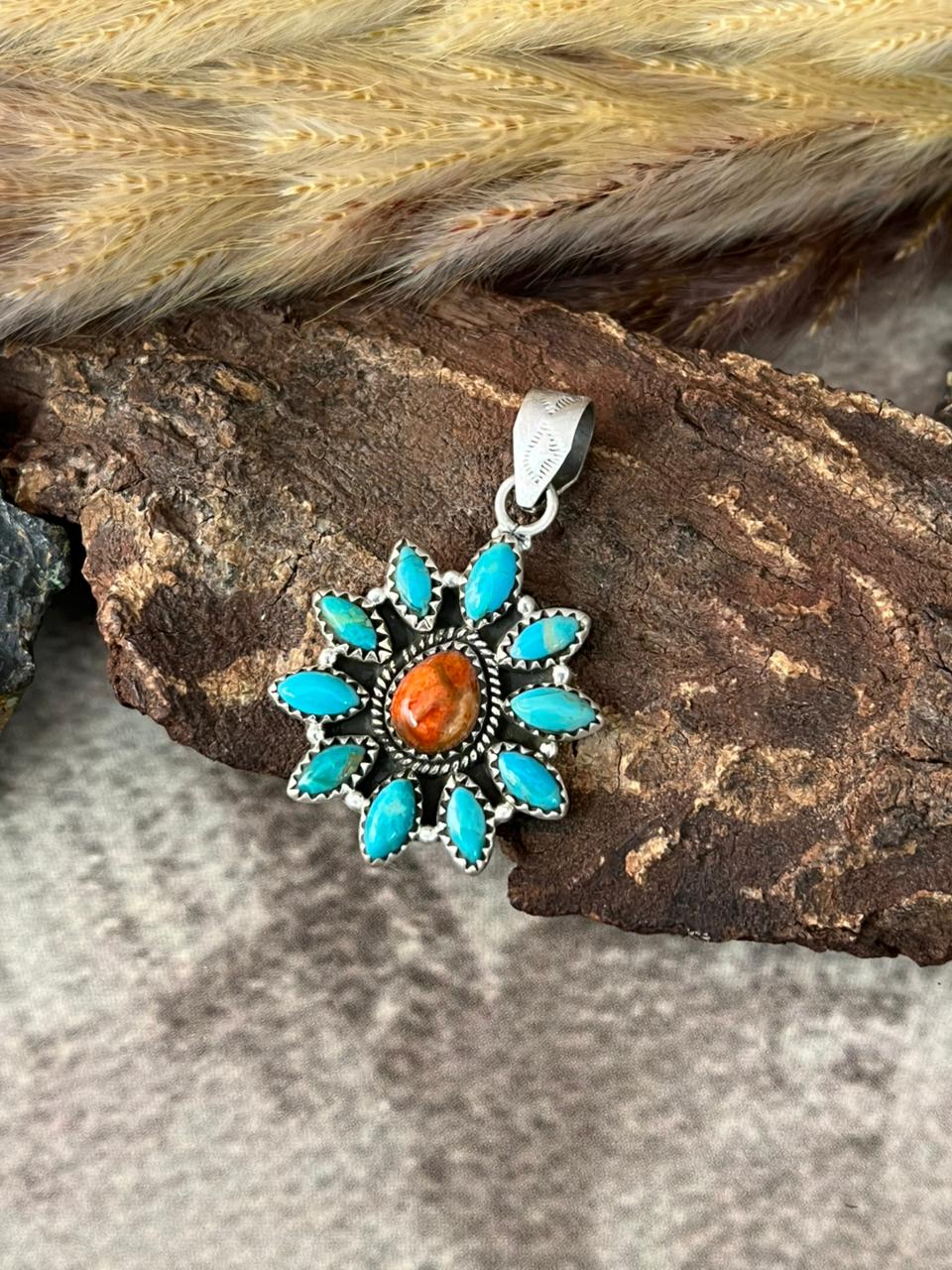 Handmade Sterling Silver Kingman with Orange Mojave Pendant "Signed Nizhoni"