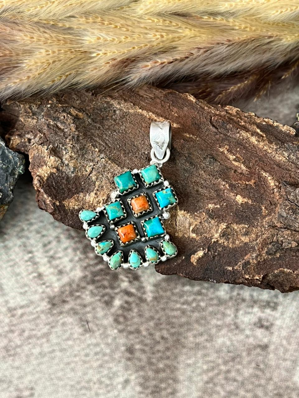 Handmade Sterling Silver Kingman with Orange Mojave Pendant "Signed Nizhoni"