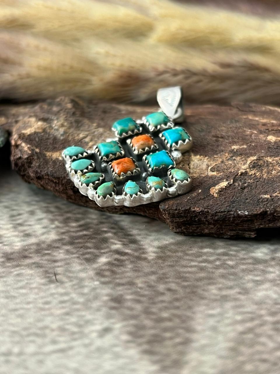 Handmade Sterling Silver Kingman with Orange Mojave Pendant "Signed Nizhoni"