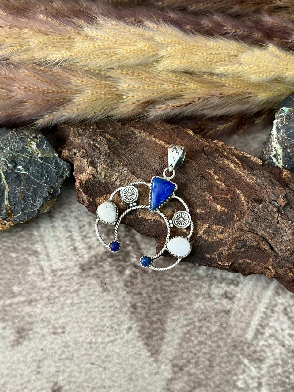 Handmade Sterling Silver Lapis with White Buffalo Pendant "Signed Nizhoni"