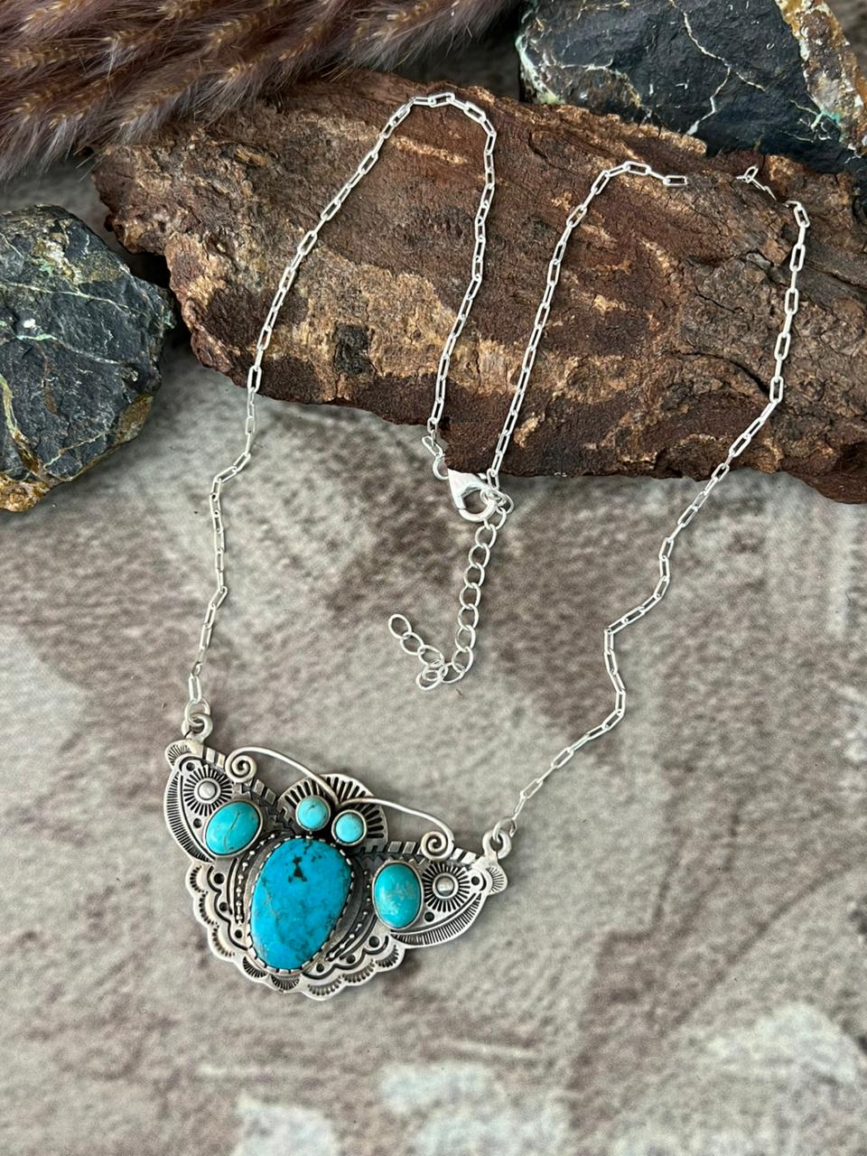 Handmade Sterling Silver Kingman Turquoise Necklace "Signed Nizhoni"
