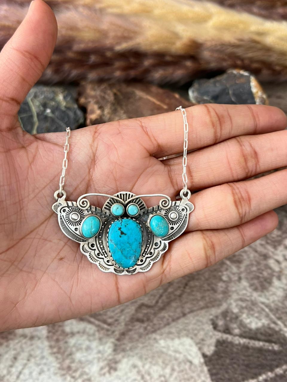 Handmade Sterling Silver Kingman Turquoise Necklace "Signed Nizhoni"