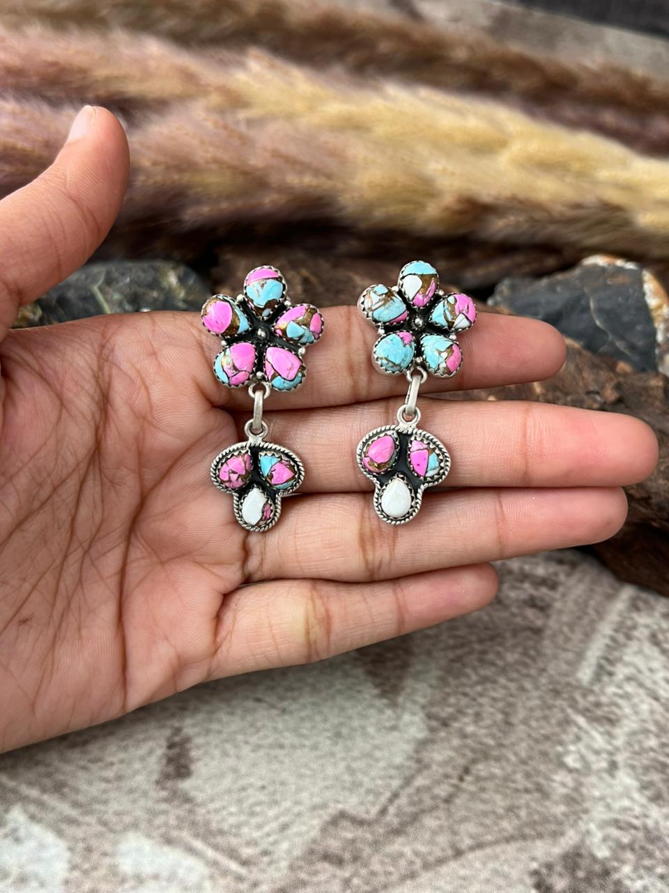 Handmade Sterling Silver Cotton Candy Post Dangle Earrings "Signed Nizhoni"