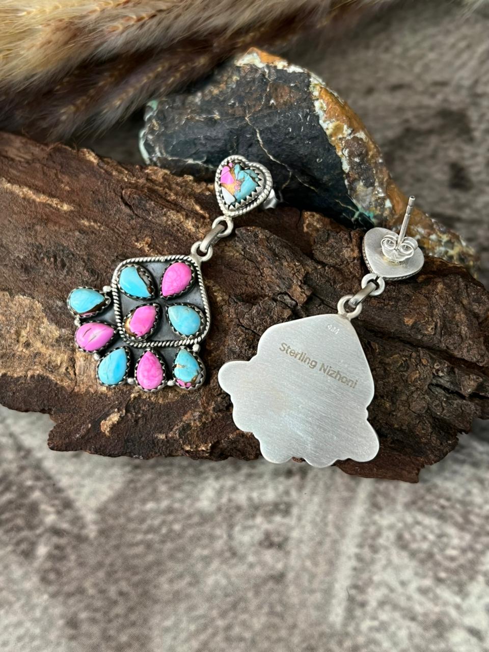 Handmade Sterling Silver Cotton Candy Post Dangle Earrings "Signed Nizhoni"