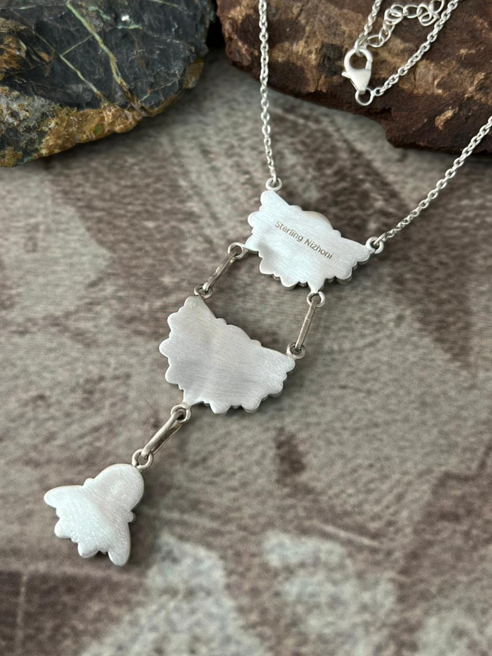 Handmade Sterling Silver White Buffalo with Kingman Turquoise Necklace "Signed Nizhoni"