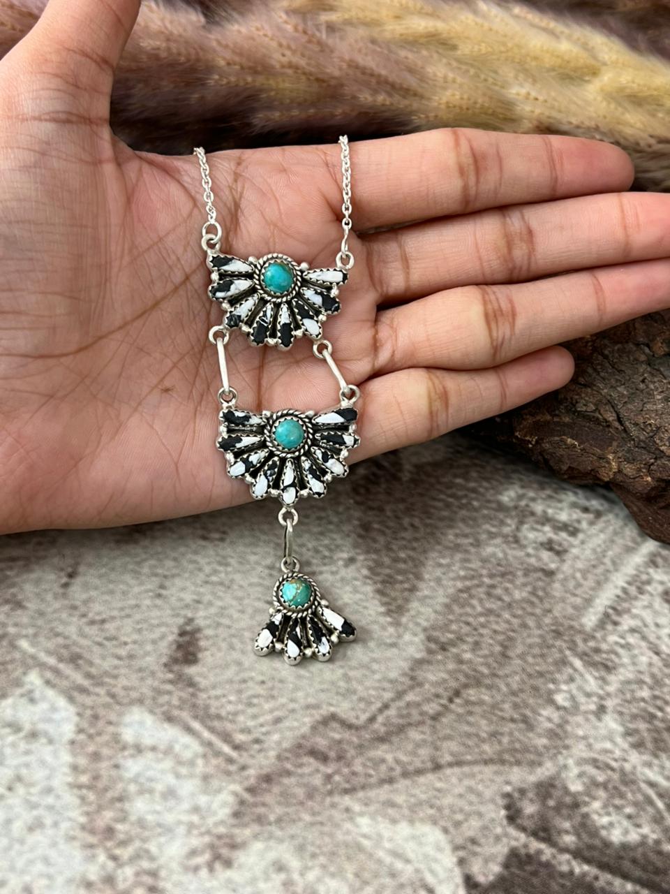 Handmade Sterling Silver White Buffalo with Kingman Turquoise Necklace "Signed Nizhoni"