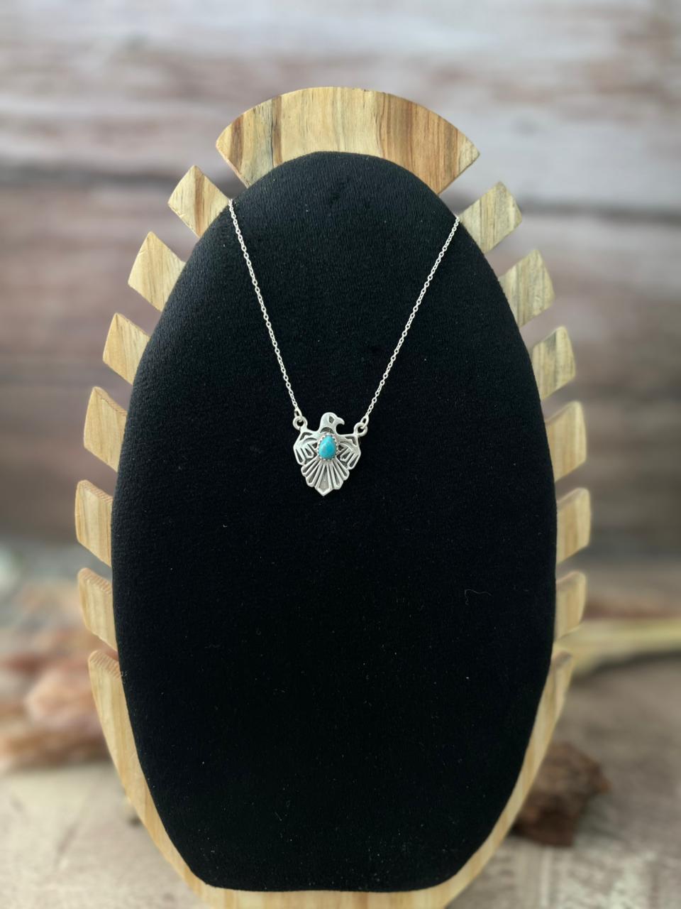 Handmade Sterling Silver Kingman Turquoise Thunder Bird Necklace "Signed Nizhoni"