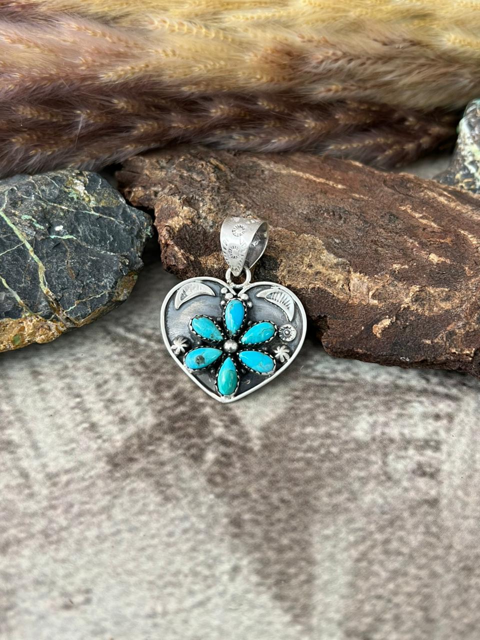 Handmade Sterling Silver Kingman Turquoise Heart Pendant "Signed Nizhoni"