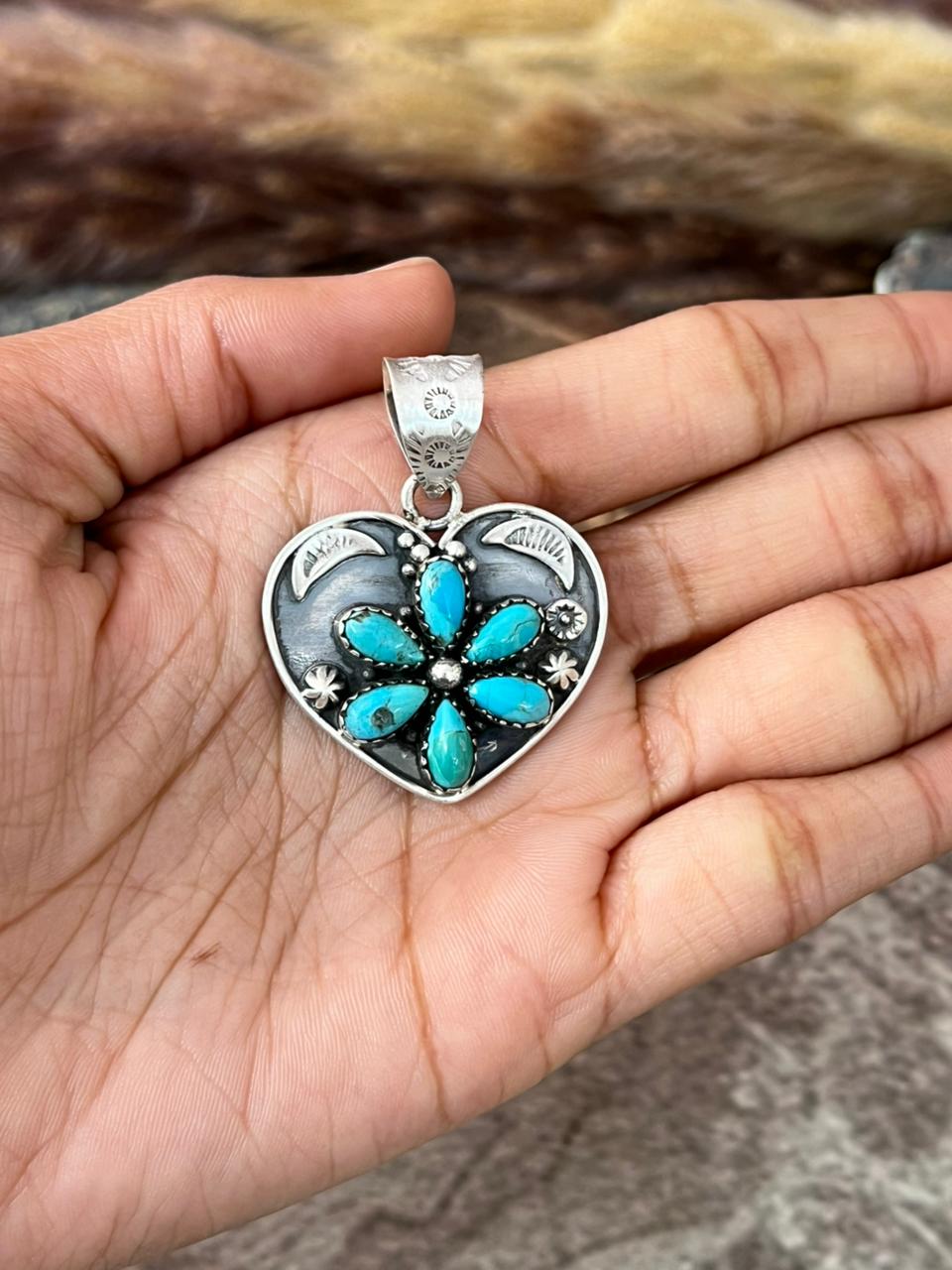 Handmade Sterling Silver Kingman Turquoise Heart Pendant "Signed Nizhoni"