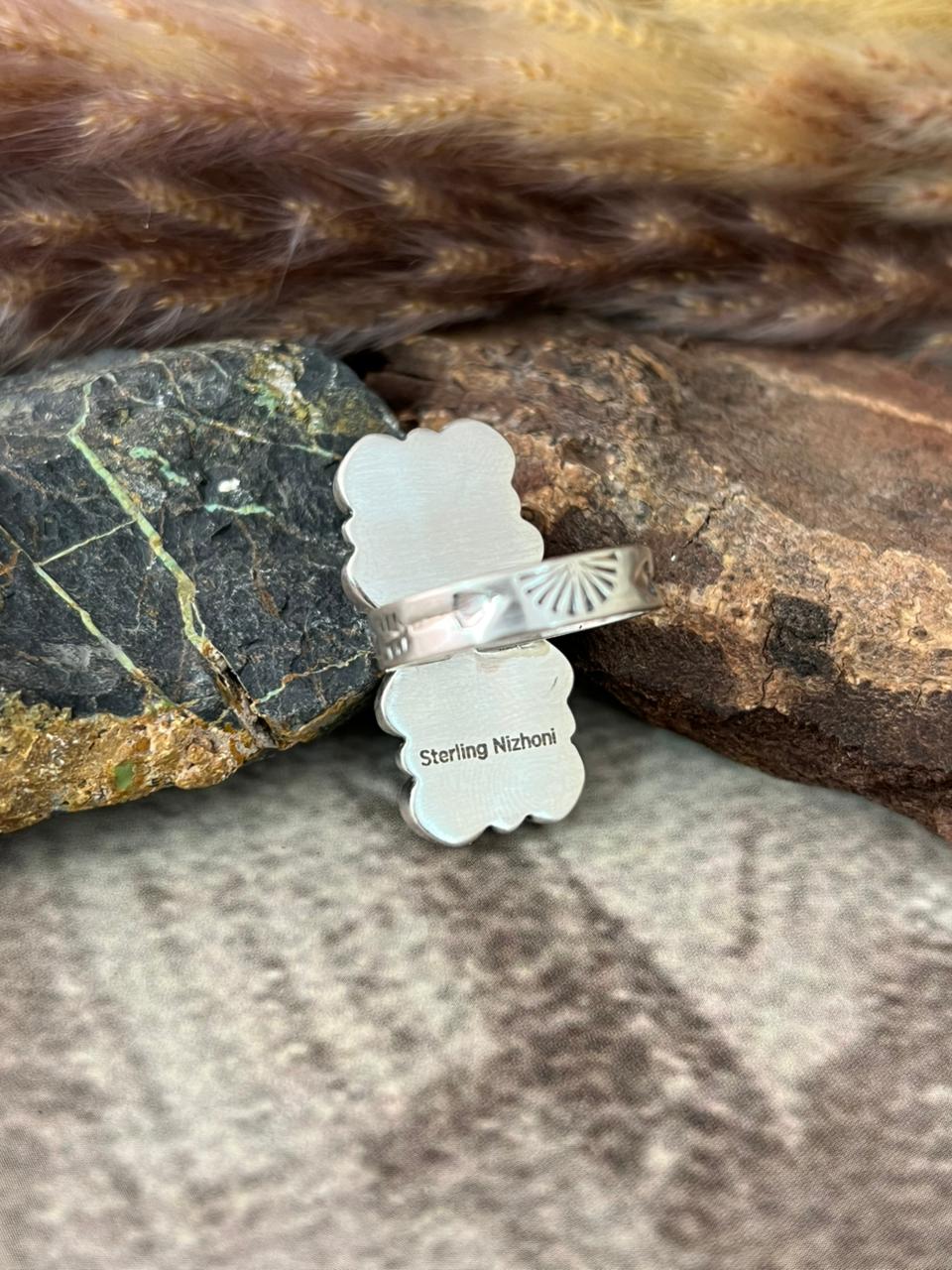 Handmade Sterling Silver Kingman Turquoise Adjustable Ring "Signed Nizhoni"