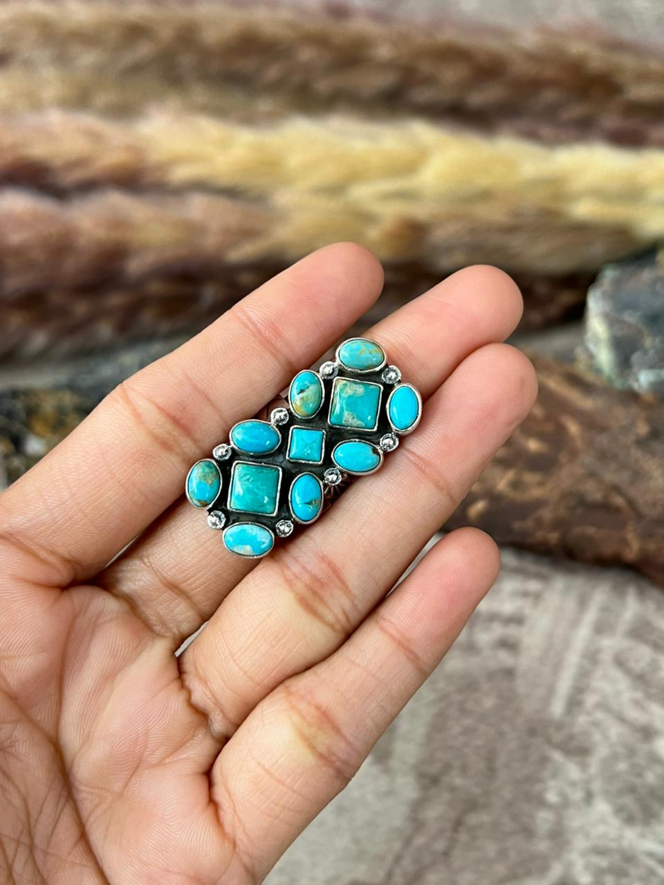 Handmade Sterling Silver Kingman Turquoise Adjustable Ring "Signed Nizhoni"