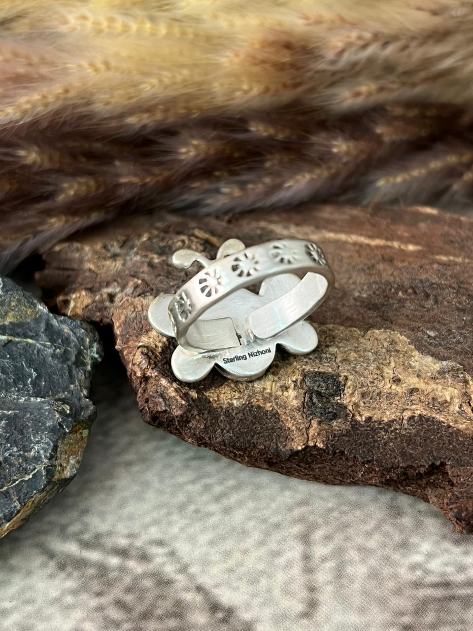 Handmade Sterling Silver Golden Hills Turquoise Butterfly Adjustable Ring "Signed Nizhoni"