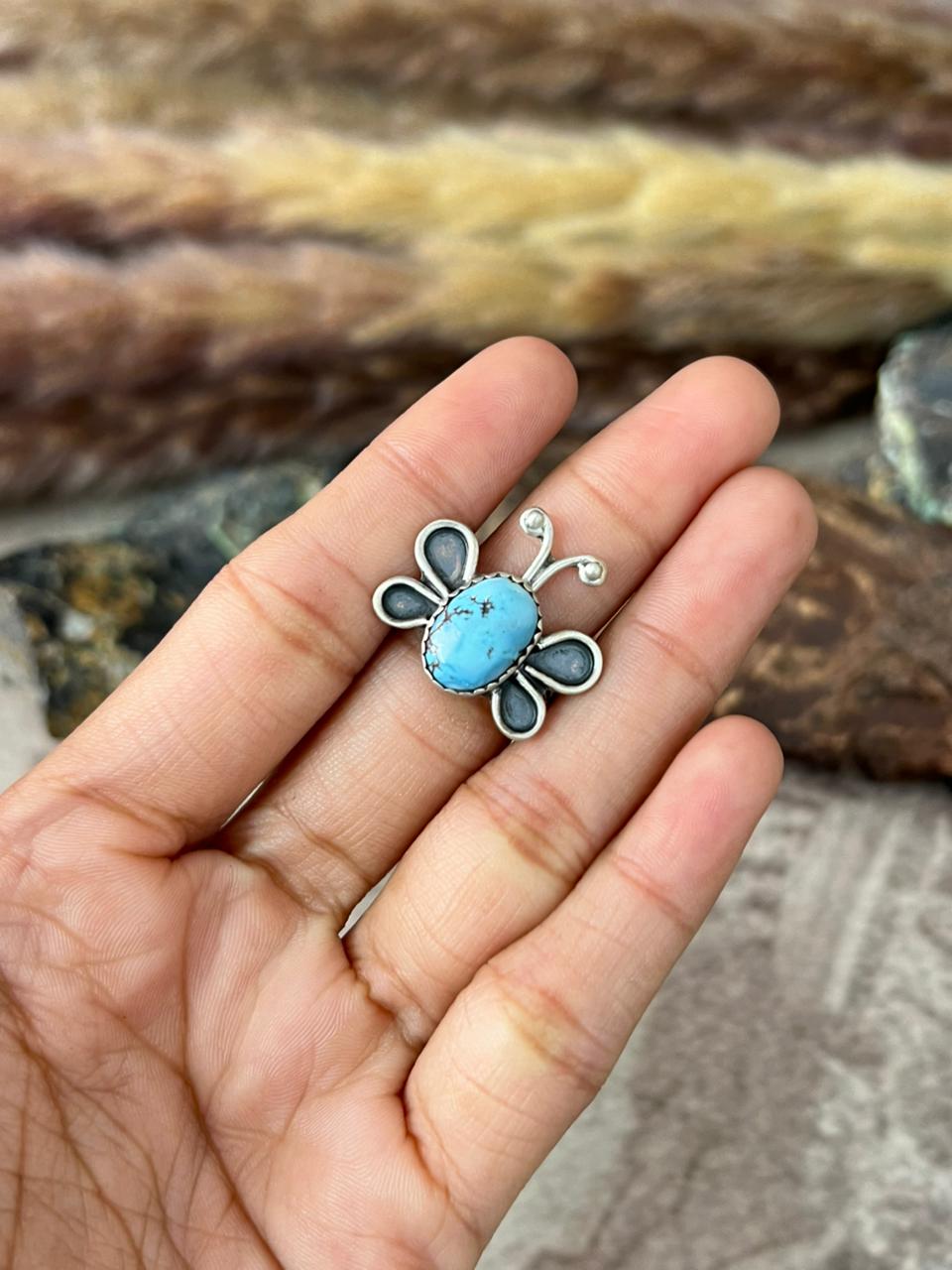 Handmade Sterling Silver Golden Hills Turquoise Butterfly Adjustable Ring "Signed Nizhoni"