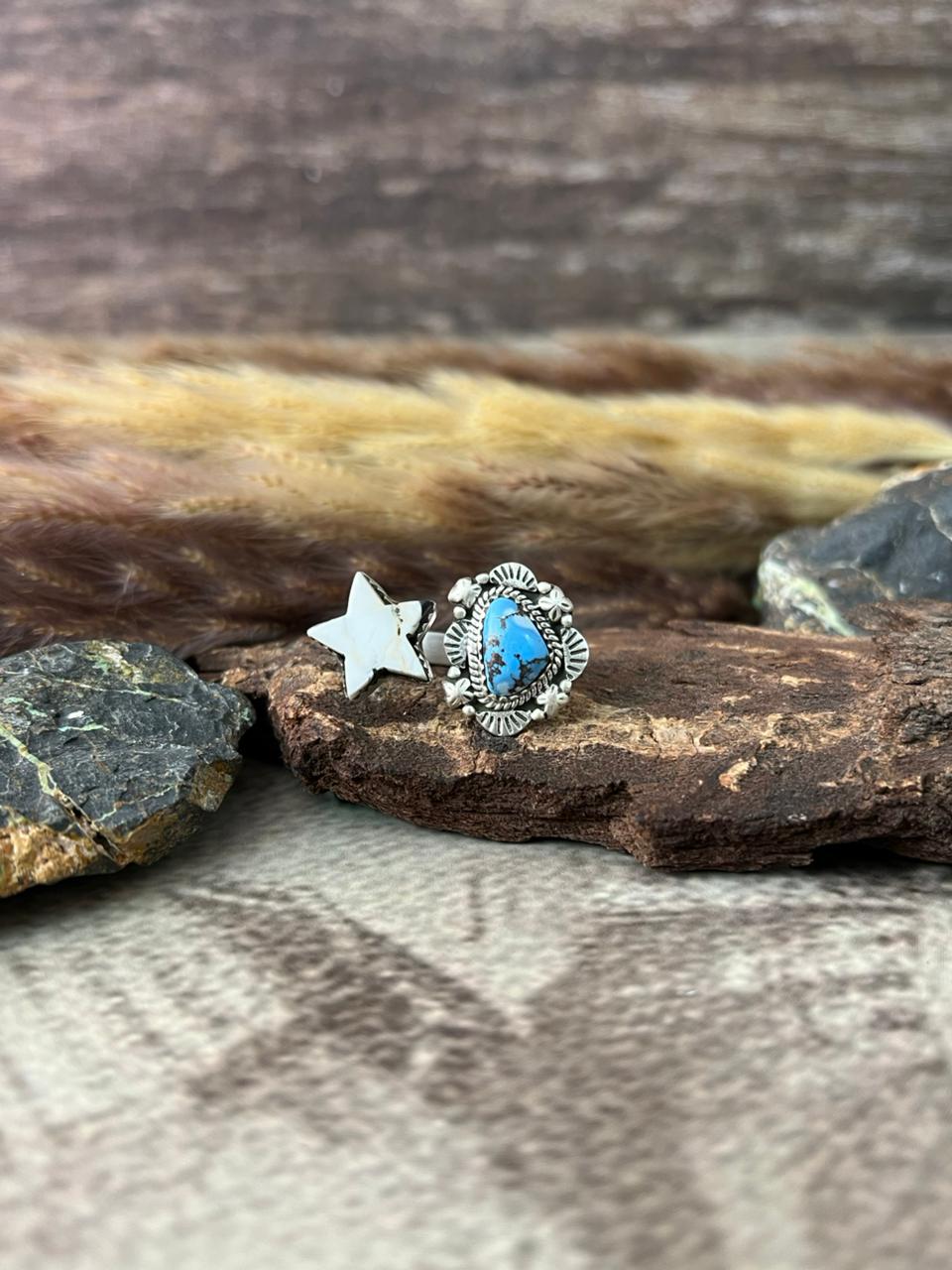Handmade Sterling Silver Golden Hills with White Buffalo Adjustable Ring "Signed Nizhoni"