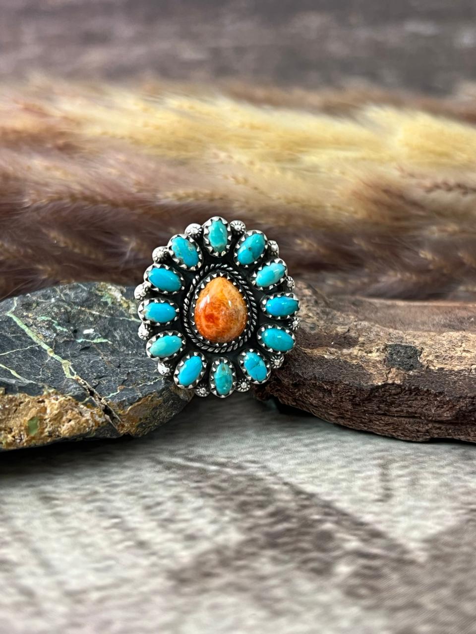 Handmade Sterling Silver Kingman with Orange Mojave Adjustable Ring "Signed Nizhoni"