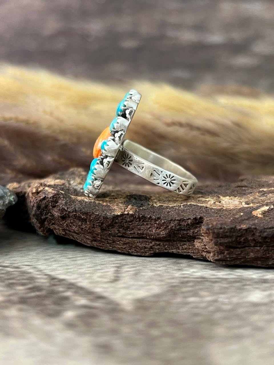 Handmade Sterling Silver Kingman with Orange Mojave Adjustable Ring "Signed Nizhoni"