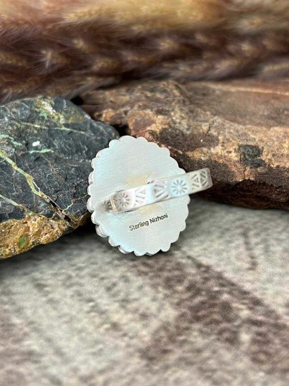 Handmade Sterling Silver Kingman with Orange Mojave Adjustable Ring "Signed Nizhoni"