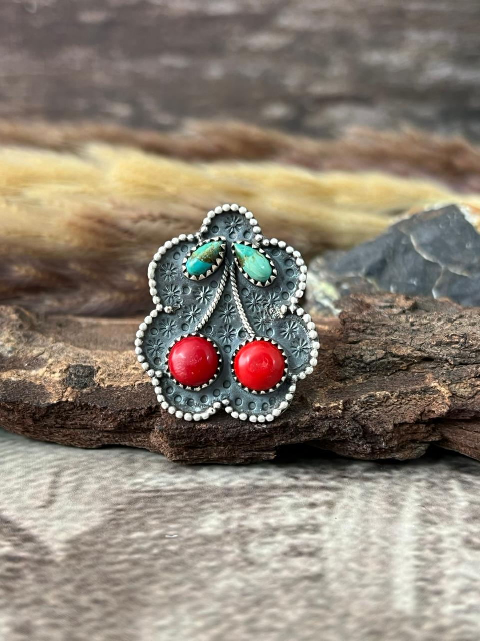 Handmade Sterling Silver Rosarita with Kingman Turquoise Adjustable Cherry Ring "Signed Nizhoni"