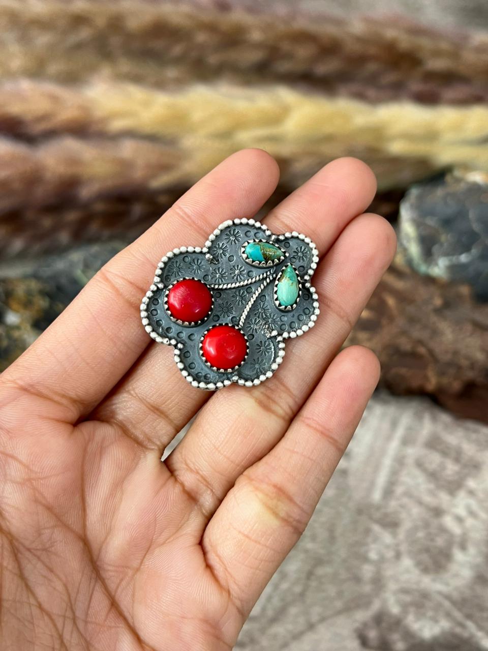 Handmade Sterling Silver Rosarita with Kingman Turquoise Adjustable Cherry Ring "Signed Nizhoni"