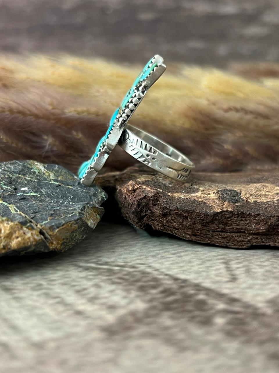 Handmade Sterling Silver Kingman Turquoise Adjustable Ring "Signed Nizhoni"