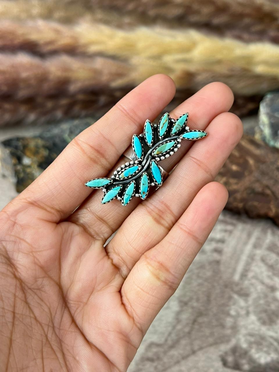Handmade Sterling Silver Kingman Turquoise Adjustable Ring "Signed Nizhoni"