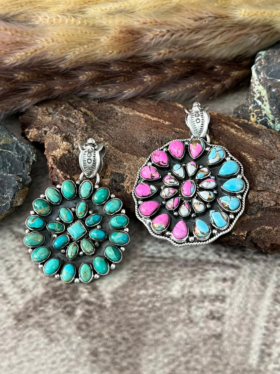 Handmade Sterling Silver Cotton Candy and Kingman Turquoise Pendant "Signed Nizhoni"