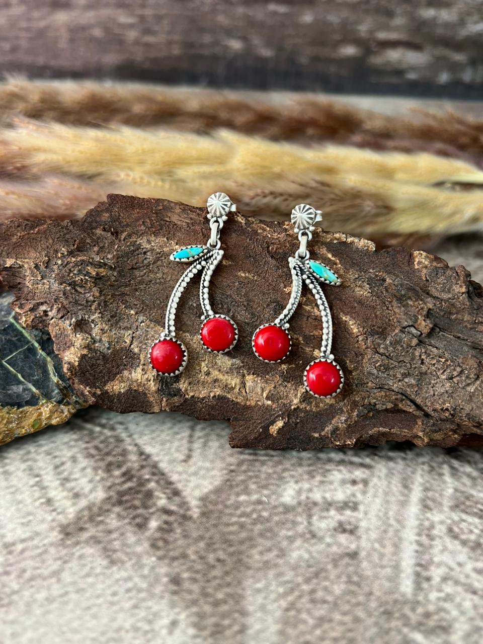 Handmade Sterling Silver Rosarita with Kingman Turquoise Post Cherry Earrings "Signed Nizhoni"